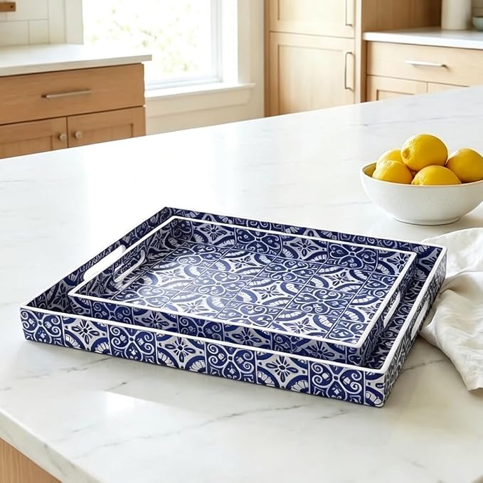 2 Pack Serving Tray with Handles, Rectangular Decorative Trays for Coffee Table, Modern Blue Plastic Ottoman Tray for Living Room, Bathroom, Kitchen, Decor, (Boho Blue)