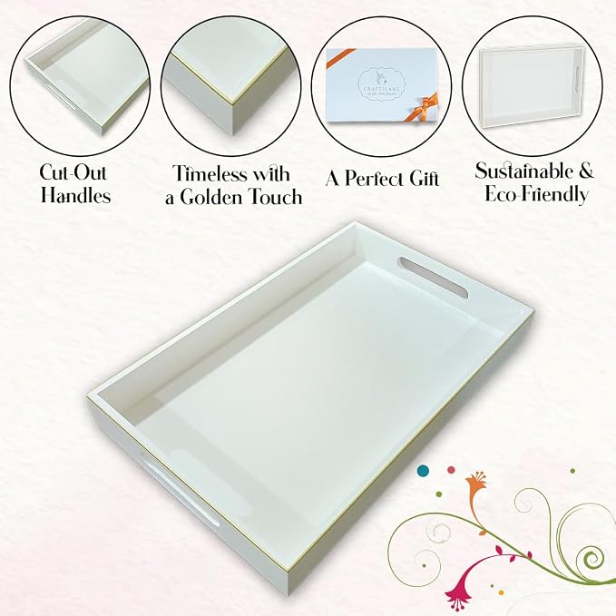 Handcrafted Wooden Serving Tray | Tray with Handle for Snacks, Tea, Kitchen, Coffee Table, Dining | High Gloss Finish with Gold Trim |12.25 x 7.75 x 1.5 inches (Egg Shell)