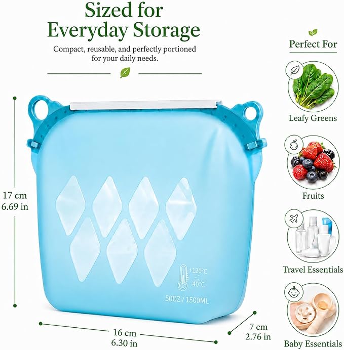 Yosmer Reusable Silicone Food Storage Bag, 50oz/1500ml Food-Grade Silicone Stand-Up Bag with Magnetic Self-Sealing Opening, Clear Windows, Freezer & Dishwasher Safe, Aqua, 1 Pack