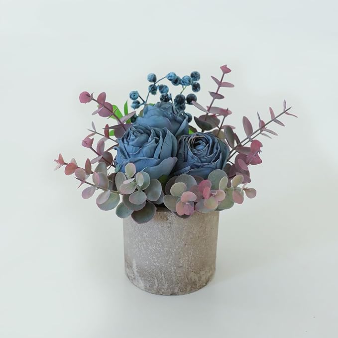Small Artificial Burnt Blue Rose Potted Plant, 6" Fake Silk Flowers in 3" Cylindrical Pot, Mini Faux Floral Arrangement for Desk Shelf Bathroom Decor