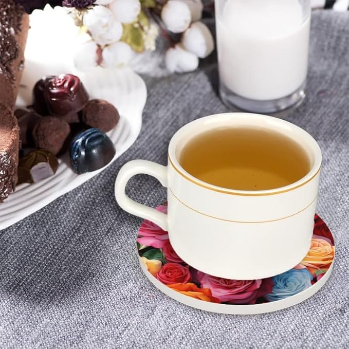 1 Pcs Coffee Cup Coasters for Drinks, Colorful Roses Painting Round Absorbent Non-Slip Ceramic Stone Cork Coasters for Kitchen Living Room Office Decoration Bar (4 * 4 Inch)