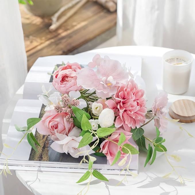 KIRIFLY Artificial Fake Flowers Silk Rose Flower Arrangements Wedding Bouquets Decorations Plastic Floral Table Centerpieces Home Kitchen Garden Party Décor (Pink White)