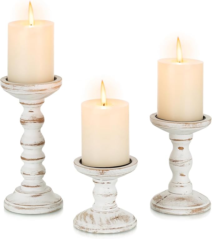 Candeldo Wood Candle Holders for Pillar: Rustic Candles Holder Set of 3 Tall Table Centerpiece Shabby Chic Decor Wooden White Farmhouse Decorations for Fireplace Mantle