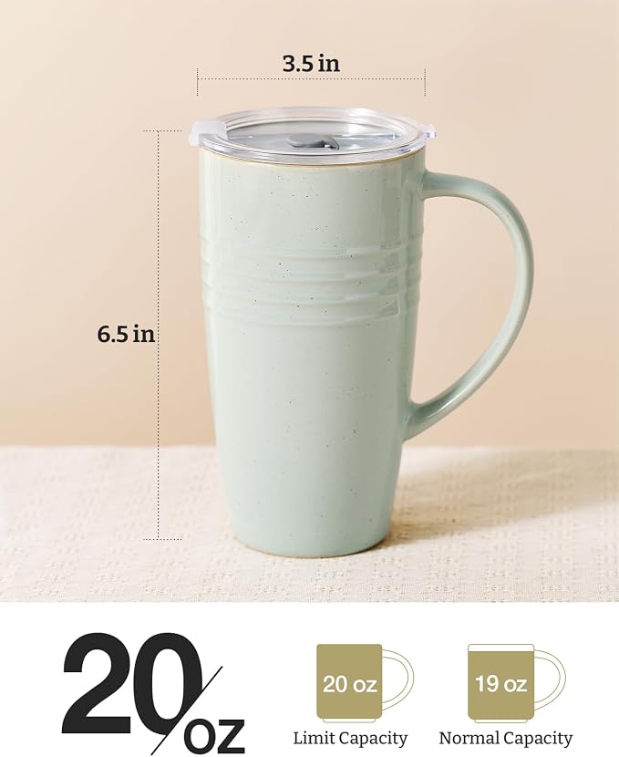 famiware Jupiter Large Coffee Mug, 20oz Coffee Mug with Lid, Ceramic Mugs Set of 2, Cup Set with Handle for Latte, Tea, Cocoa, Milk, Microwave and Dishwasher Safe, Light Green and Vanilla White