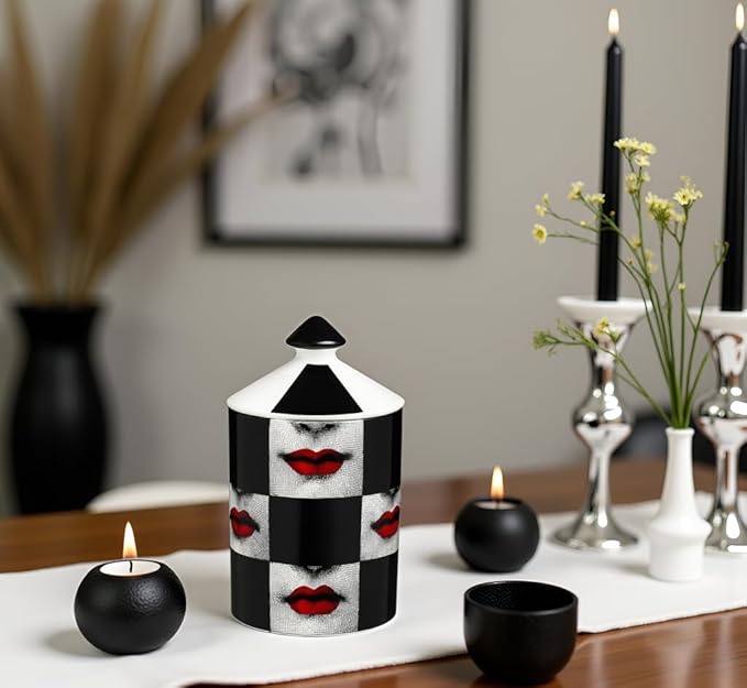 Decorative Candle Holder Handcrafted Aromatherapy Candle Jar Italian Designer Décor Fashionable Tabletop Vase Modern Art Female Face Eyes Lips Centerpiece. (Red Lips Black Squares)