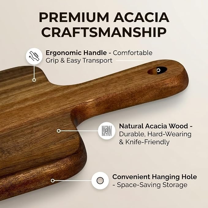 Acacia Wood Cutting Board with Handle 2 Piece Set, 15.8''x7.7'' Large Wooden Charcuterie Boards for Kitchen, Multipurpose Chopping Board for Meat, Cheese, Bread, Pizza & Fruit