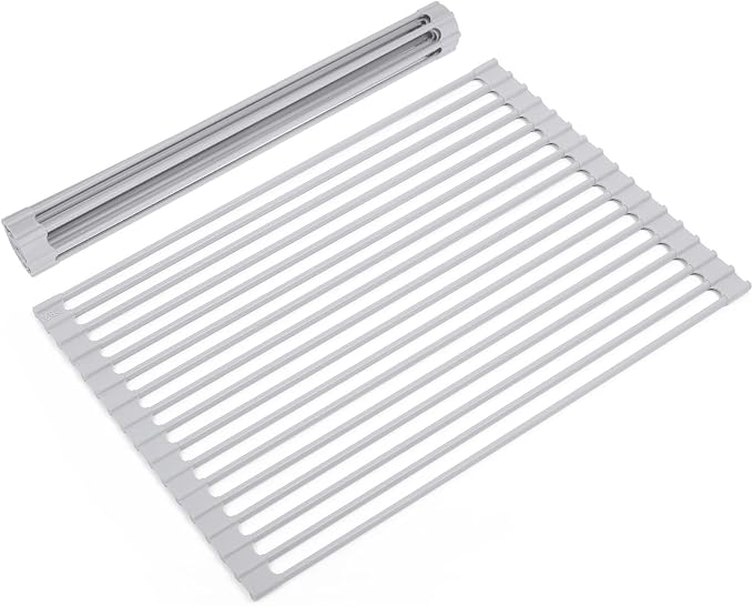 Roll Up Dish Drying Rack Over Sink, 17.5" x 13" Silicone Coated Stainless Steel Sink Drying Rack, Foldable Dish Drainer Rack for Kitchen Counter, Heat Resistant, Non-Slip, Space Saving, Gray