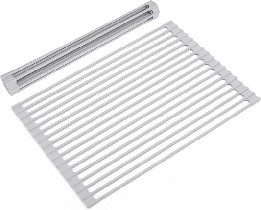 Roll Up Dish Drying Rack Over Sink, 17.5" x 13" Silicone Coated Stainless Steel Sink Drying Rack, Foldable Dish Drainer Rack for Kitchen Counter, Heat Resistant, Non-Slip, Space Saving, Gray
