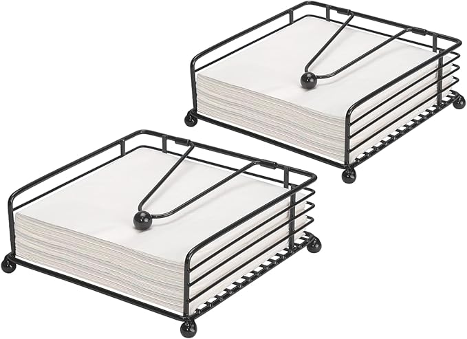 2Pack Napkin Holder for Table, Flat Napkin Dispenser with Weighted Arm, Square Cocktail Paper Holder of Elegant Rustic Iron for Kitchen Dining Room Decor Restaurant Farmhouse Hotel Party, Black