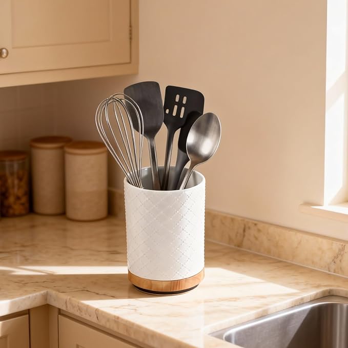 360° Rotating Kitchen Utensil Holder, 8.1" Large Utensil Crock, White Cooking Utensil Holder for Countertop with Countertop-Protection Cork Bottom for Farmhouse Kitchen Decor Christmas Gift