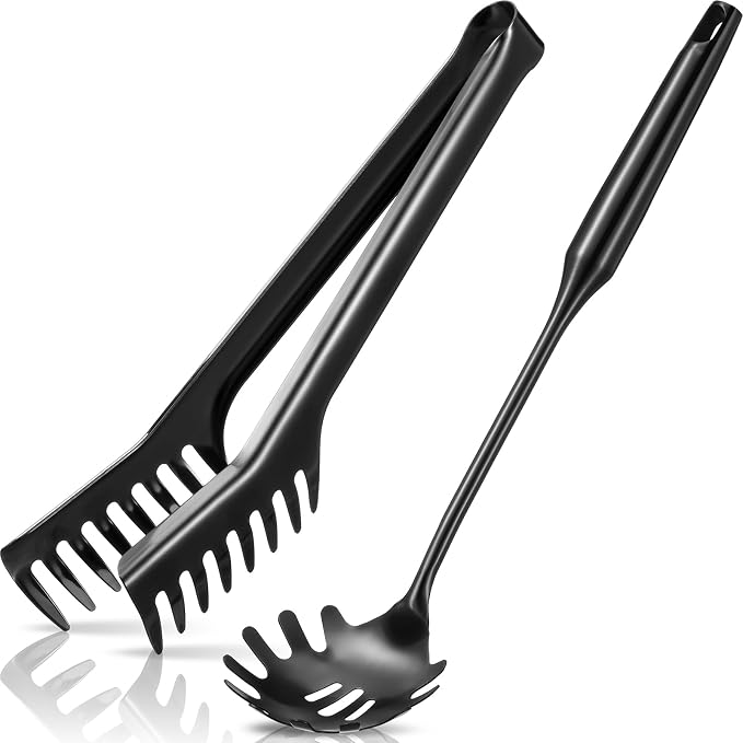 Patelai Stainless Steel Spaghetti Spoon and Pasta Tongs Set, Long Handle Noodle Server Tools with Drain Holes, Non-slip Grip for Cooking, Serving Pasta and Noodles(Black)