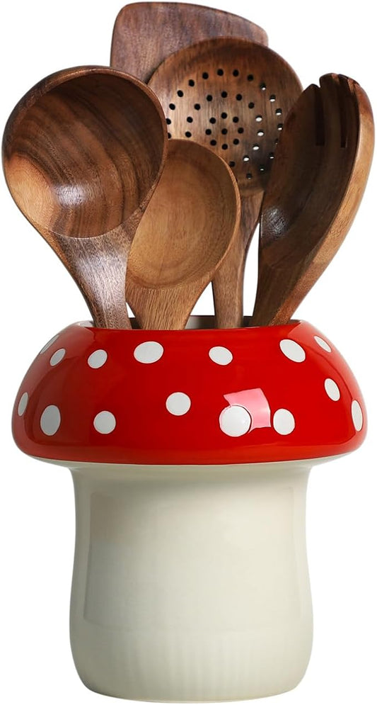Mushroom Shaped Ceramic Kitchen Utensil Holder, Large Cooking Utensil Crocks for Kitchen Countertop, Ceramic Utensil Organizer for Spatula, Kitchen, Home Decoration-Red
