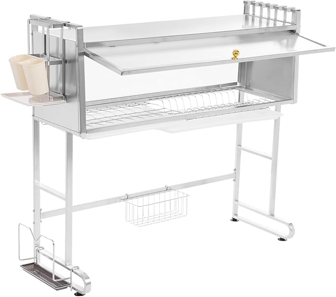 Over Sink Dish Drying Rack, 304 Stainless Steel Drying Drainer Rack with Flip Cabinet Door, Multifunctional Kitchen Storage Dish Rack for Plates, Bowls, Cups