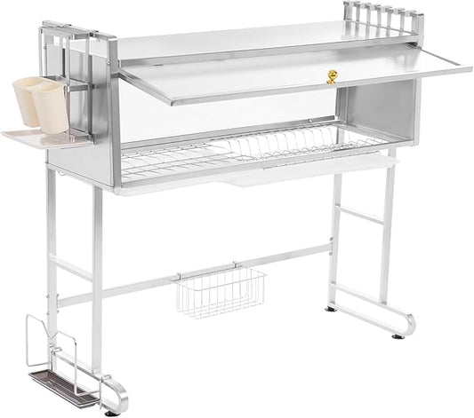 Over Sink Dish Drying Rack, 304 Stainless Steel Drying Drainer Rack with Flip Cabinet Door, Multifunctional Kitchen Storage Dish Rack for Plates, Bowls, Cups
