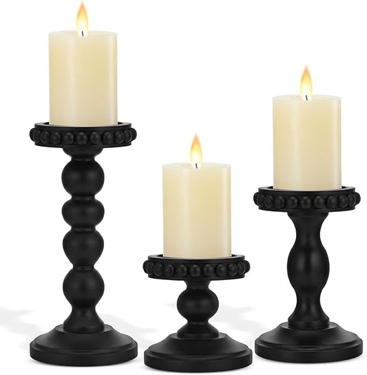 Mumufy 3 Pcs Candle Holders for Pillar Candles Rustic Farmhouse Home Decor Decorative Washed Beaded White Black Wood Candle Holder Country Style for Table Mantel Fireplace Wedding(Black,Small)