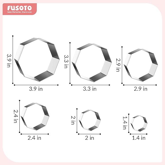 FUSOTO 6PCS Octagon Cookie Cutters Set, Stainless Steel Kitchen Baking Supplies, for Biscuit, Homemade Cookies, Cake Decorating, Geometric Cookie Cutter, (1.5", 2", 2.5", 3", 3.5", 4"), Octagon