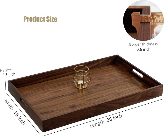 26 x 16 Inches Extra Large Rectangle Black Walnut Wood Ottoman Tray with Handles, Serve Tea, Coffee or Breakfast in Bed, Classic Wooden Decorative Serving Tray