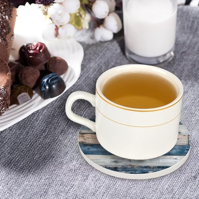 Ceramic Stone Coasters for Drinks Set of 1, Blue and Brown Wooden Wall Pattern Round Absorbent Cup Coasters Protection for Coffee Table Kitchen Counter Decor (4 * 4 Inch)