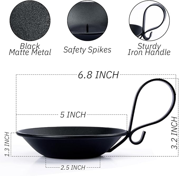 2PCS Matte Black Iron Pillar Candle Holders, with Handle, Simple Industrial Style ，Table Centerpiece Decoration，with Safety Spike.