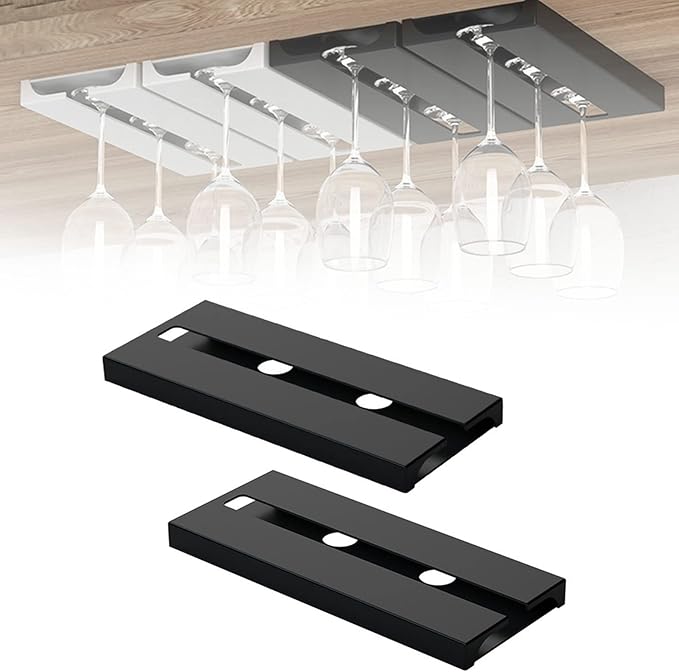 MBROS Set of 2 Punch-Free Wine Glass Rack, Under Cabinet Stemware Rack, Self Adhesive Hanging Wine Glasses Storage Hanger Organizer, for Cabinet Kitchen Bar Restaurant Black, White