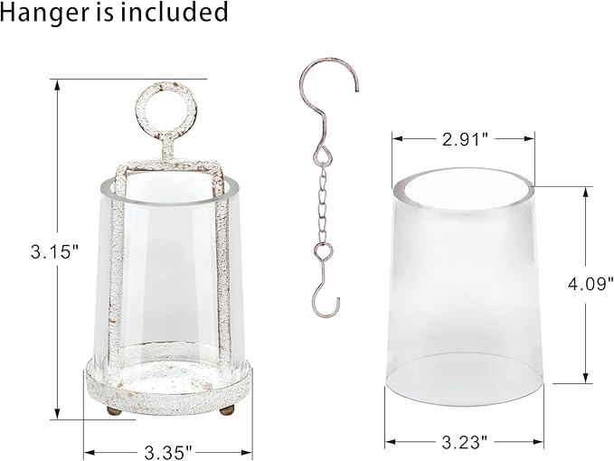 3.3" Wide Modern Farmhouse Metal Hurricane Candle Holder with Handmade Sturdy Glass Sleeve in Rustic White for Tealight Candle & Plants, Glass Hurricane Lantern, Industrial, Minimalistic