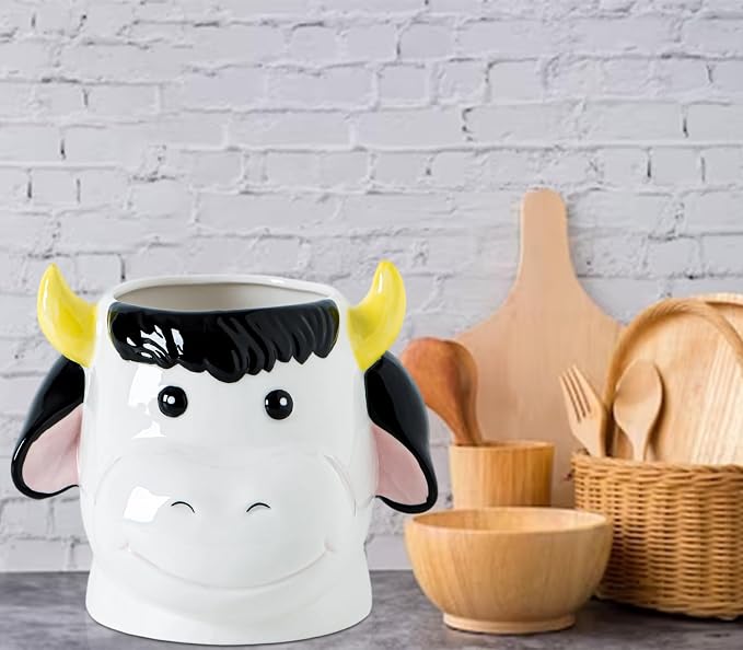 dgudgu Cow Kitchen Utensil Holder For Countertop Ceramic Utensil Crock For Kitchen Countertop, White Pink Decor Cute Farmhouse Storage Organizer For Forks, Spoons & Cooking Tools