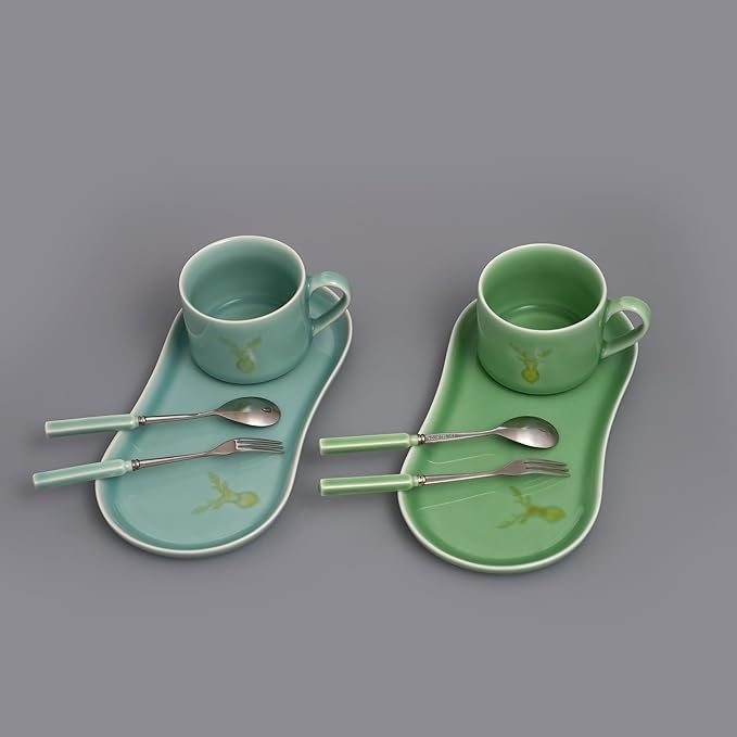 Longquan UNESCO Heritage Celadon Coffee Set Double-Glazed – Handcrafted Song Dynasty, Sky Blue & Plum Green Glaze, 310ml 4-Piece Set with Spoon & Fork, Gift Box (1, BLUE)