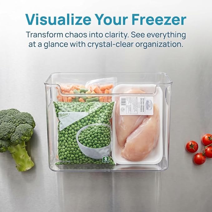4 Pack Crystal Clear Freezer Storage Bins - Clear Plastic Storage Bins for Refrigerator & Pantry, Stackable Kitchen Cabinet Organizer with Handles for Frozen Food, Meat, Veggies (4*MixB)