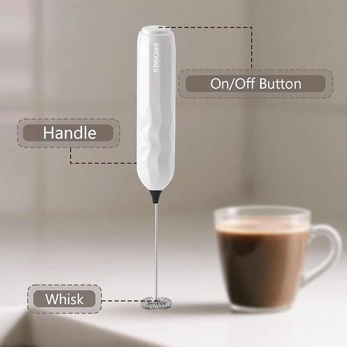 RAYONNER Milk Frother Handheld Fast Powerful Drink Mixer with Stainless Steel Whisk for Coffee (2Pack White with Stand)