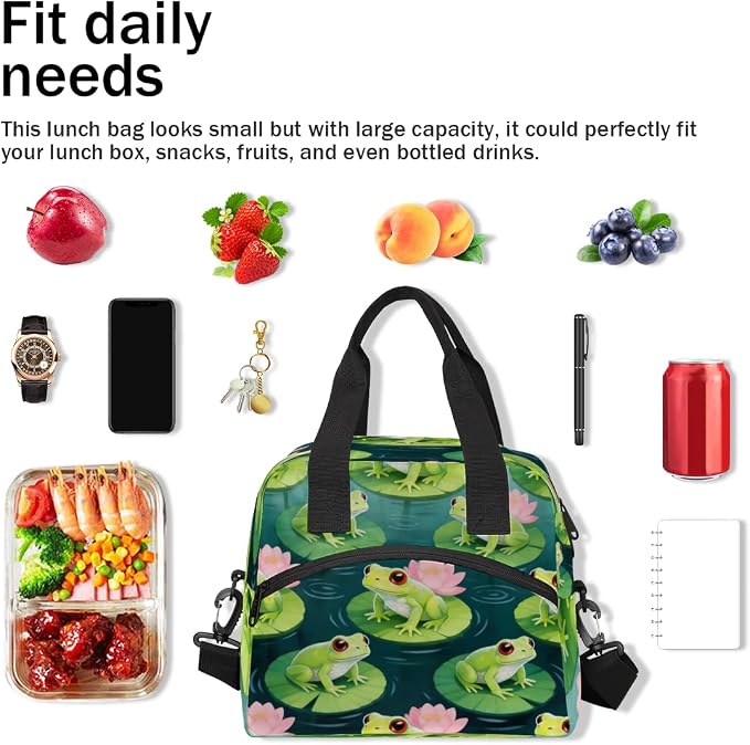 Frog Lotus Pond Pattern Insulated Lunch Bag for Women Men Reusable Lunch Box Cooler Bag Large Leakproof Lunch Tote with Adjustable Shoulder Strap for Adult Work Picnic Camping Beach Office
