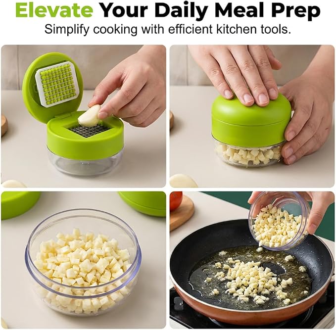 Mini Garlic Chopper & Press with Container, Manual Garlic Mincer Dicer, 3PCS