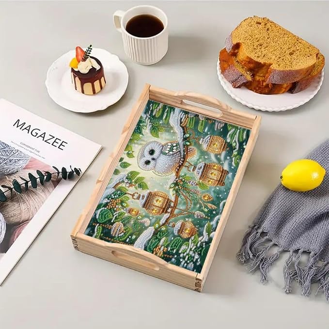 DIY Diamond Serving Tray Rectangular Breakfast Tray with Handle Handmade Diamond Art Painting Wooden Tray for Dinner Plate Coffee Room Living Home Organizer-Owl04