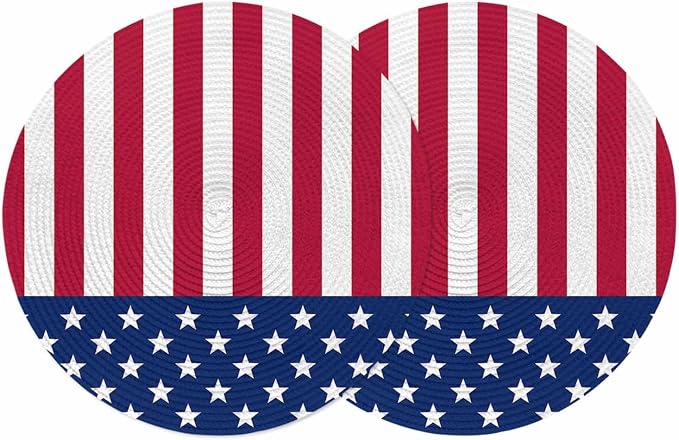 4th of July Round Placemats Set of 2 American Flag Place Mats Independence Day Woven Placemat Red White and Blue Star Stripes Circle Braided Table Mat for Kitchen Dining Table Party Decor 15 Inch