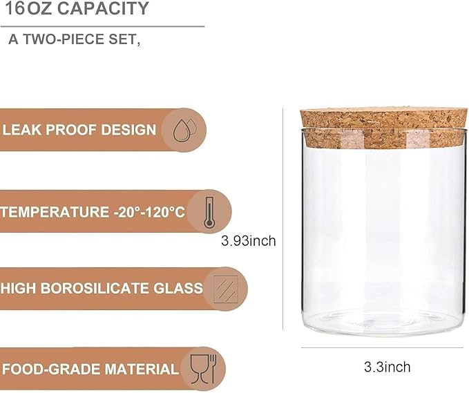 Airtight Glass Storage Containers with cork Lid, for Kitchen Pantry Organization and Storage jar，Ideal for Coffee Beans Snacks Flour Cereal Sugar Tea 16oz. (Circular 3.9 * 3.3in*2pcs)