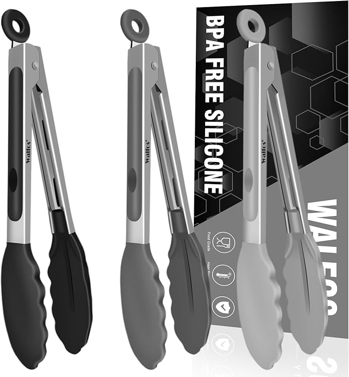 Walfos Small Silicone Tongs for Cooking- 7 inch Mini Kitchen Tongs with Silicone Tips, Great for Cooking, Turning, Serving, Food tongs Set of 3