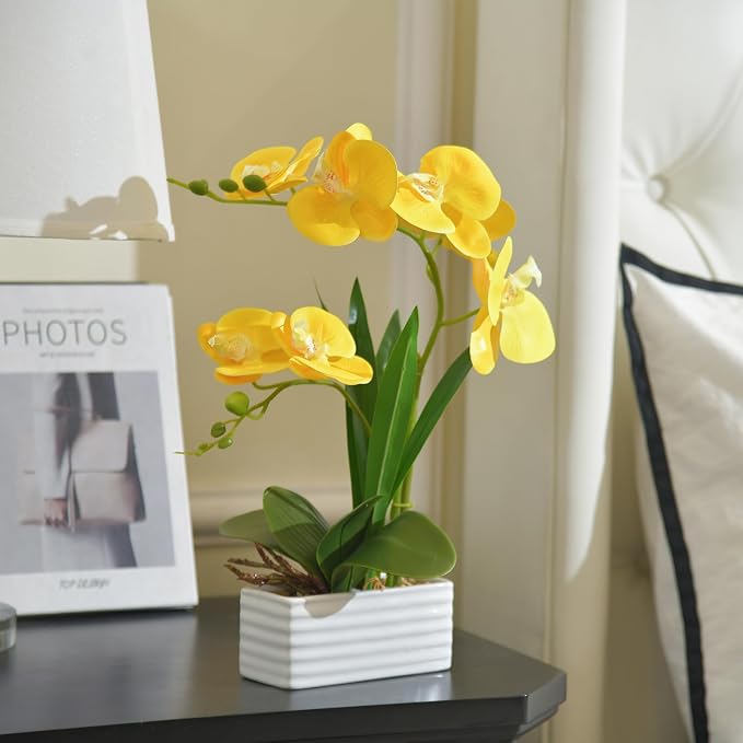 Artificial Real Touch Orchid Flowers in Pot Fake Phalaenopsis Flower with White Ceramic Vase Faux Orchids Arrangement for Home Table Office Wedding Party Decoration (Yellow)