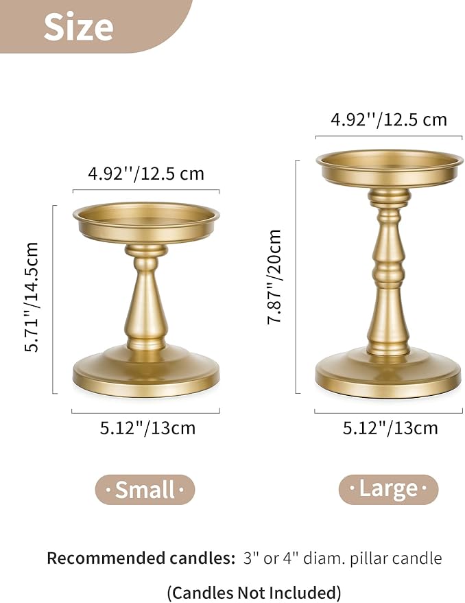 NUPTIO Large Candle Holder Set: 2pcs Large Gold Stand for 4" Diameter Pillars - Vintage Metal Pedestal for Dining Table Centerpieces Decor