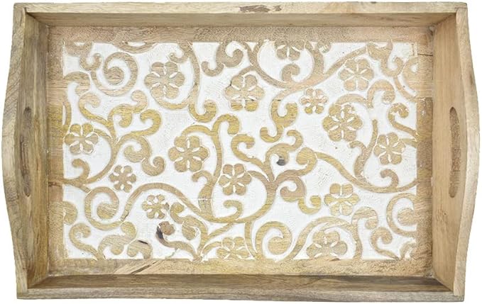STORE INDYA Rustic Large Wooden Serving Tray Platter for Tea Snack Dessert with Handle Hand Carved Floral Design Kitchen Dining Serve-Ware Accessories 14 x 10 Inches (Beige)