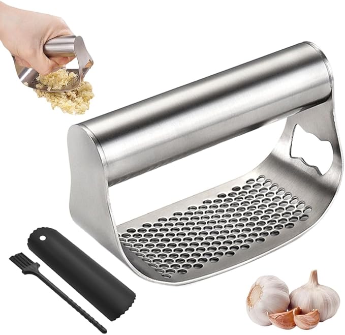 Stainless Steel Garlic Presser, Garlic Press Rocker Heavy Duty Stainless Steel Garlic Mincer, Garlic Chopper with Peeler And Cleaning Brush for Smash Garlic Kitchen Tools (B)