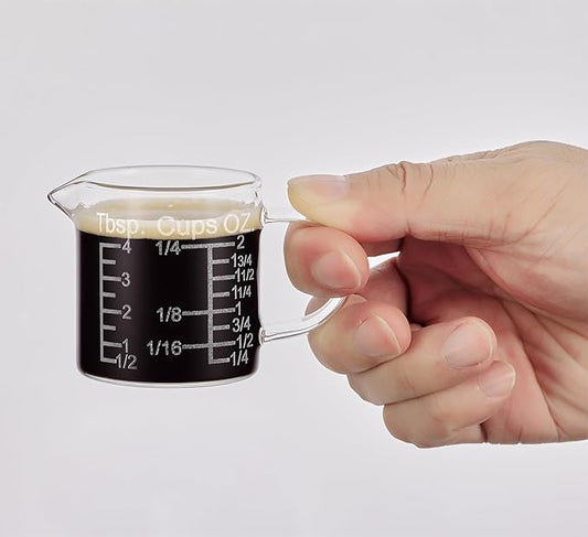 Ackers Etching Scale Measuring Glass -[Insulated handle | V-Shaped Spout]-Made of High Borosilicate Glass Measuring for Kitchen or Restaurant, Easy to Read, 60 ML (2 Oz) 丨(2 Pack)