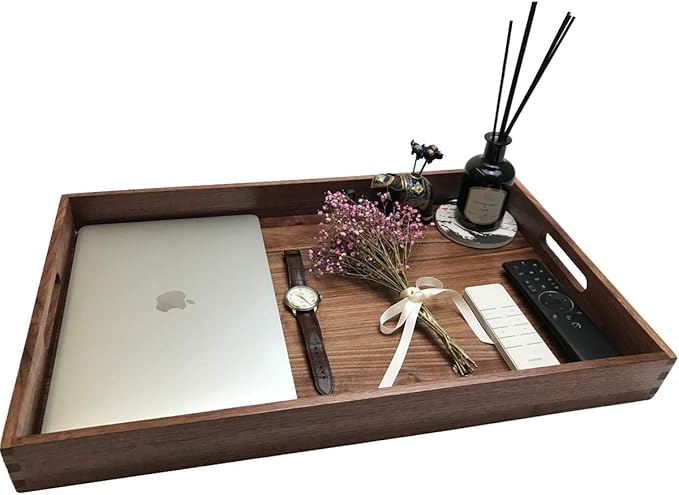 22 x 14 Inches Large Rectangle Black Walnut Wood Ottoman Tray with Handles, Serve Tea, Coffee, Classic Wooden Decorative Serving Tray