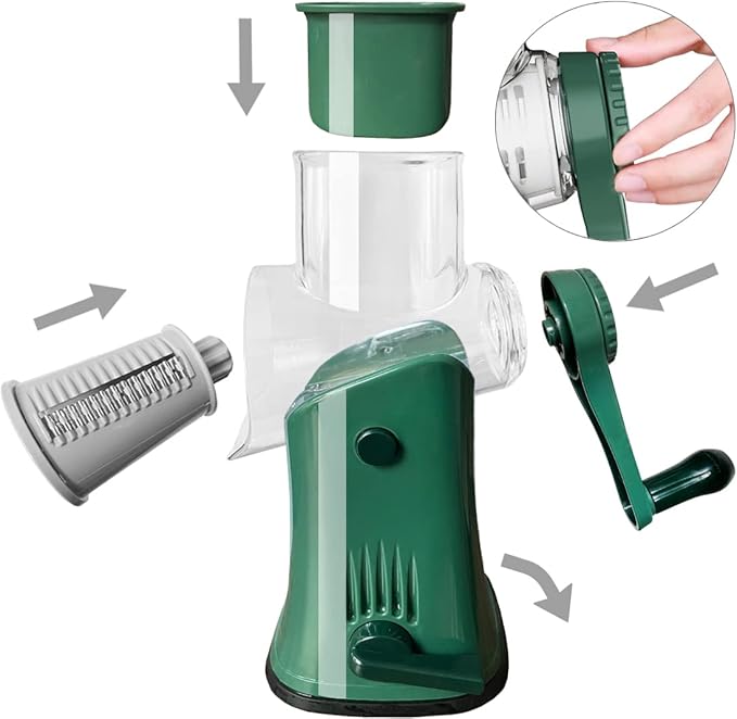 Manual Rotary Cheese Grater Grinder- 5 Interchangeable Blades Round Mandoline Vegetable Slicer Drum Shredder Nut Chopper with Strong Suction Base