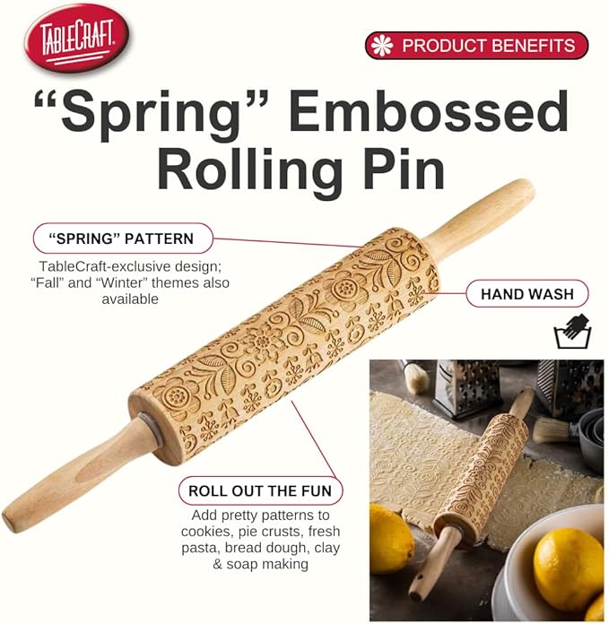 TableCraft Embossed Beech Wood Rolling Pin – 15.25 Inches, Spring Floral Imprint for Baking, Durable Wood Rolling Pin for Cookies, Pastries & Fondant, Elegant Carved Design, Handwash Recommended