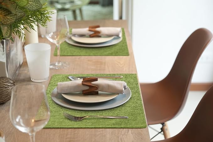 homing Faux Cotton Linen Placemats Set of 4, Cloth Washable Farmhouse Dining Table Mats for Indoors & Outdoors, Easy to Clean, Grass Green, 13 x 19 Inch