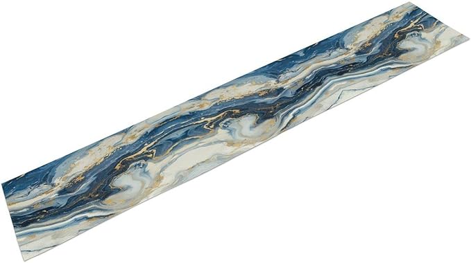 Marble Table Runner, Modern Luxury Foil Texture Blue White Gold Marble Printed Linen Table Runners for Kitchen Living Room Farmhouse Dining Room Party Home Decor 13" W x 120" L