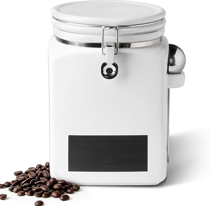 Ceramic Coffee Canister with Airtight Lid and Scoop, Extra Large 148 Fl Oz / 4.4 L Kitchen Food Storage Container Jar for Grounds Coffee, Beans, Tea, Sugar, Flour, Cereal, Nuts, Cookie, White