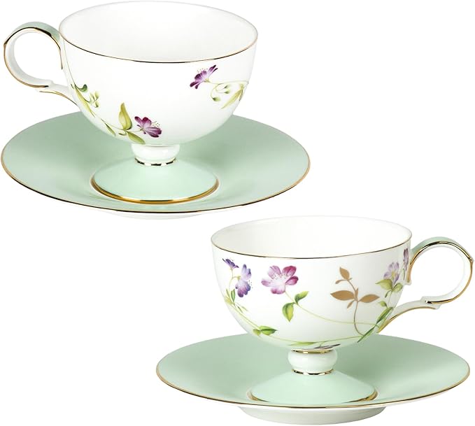 KAMMAK Ceramic Coffee Cups and Saucers Set of 2 – Handmade Porcelain Espresso Cups, 8.45 oz Bone China Tea Cup with February Orchid Pattern, Elegant Demitasse for Latte, Americano, Cappuccino