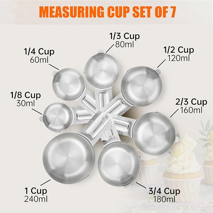 Measuring Cups Set,7 Pieces Stainless Steel Stackable Nesting Heavy Duty Measuring Cups,Perfect for Dry and Liquid Ingredients for Baking & Cooking