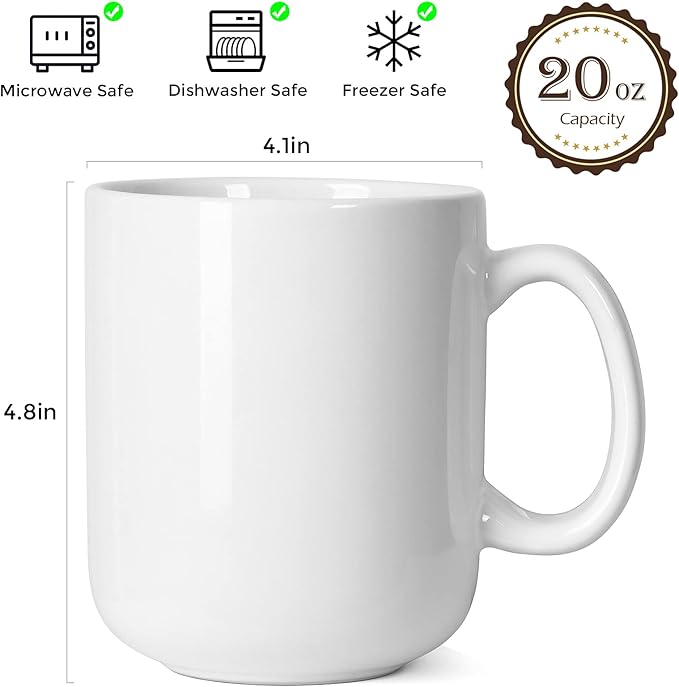 20 OZ Large Coffee Mug, M016 Plain Ceramic Boss Big Tea Cup with Handle for Dad Men, Set of 2, White