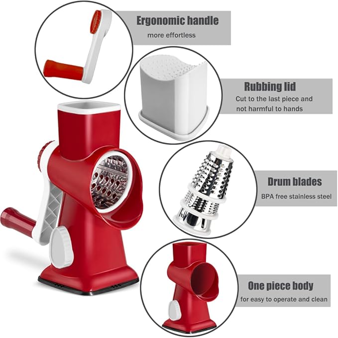 Rotary Cheese Grater Shredder with Handle Handheld Round Mandoline Vegetable Slicer Carrot Shredder Nut Grinder with 3 Replaceable Stainless Steel Drum Blades and Upgrade Strong Suction, Red/White